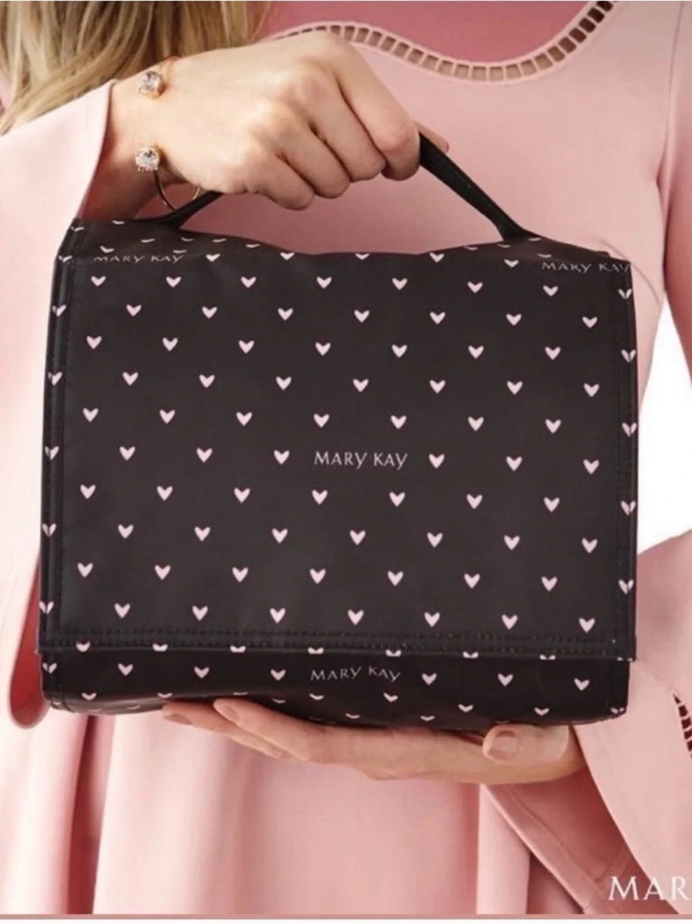Mary Kay Black Cosmetic Bag with Pink Heart Print